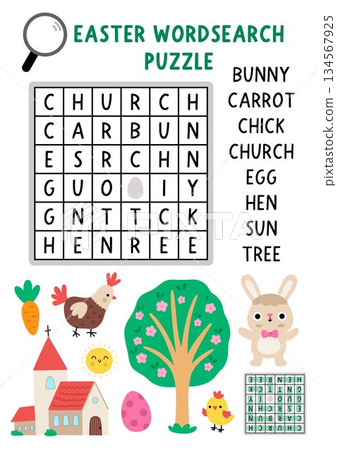 Vector Easter word search puzzle for kids. Wordsearch quiz with bunny, blooming tree, church, hen, chick, carrot and sun for children. Spring holiday educational cross word activity Vector Easter word search puzzle for kids. Wordsearch quiz with bunny, blooming tree, church, hen, chick, carrot and sun for children. Spring holiday educational cross word activity 134567925