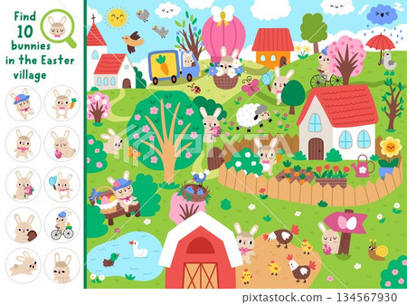 Vector searching game with Easter village landscape. Spot hidden bunnies. Rural seek and find printable activity for kids. Spring holiday worksheet with church, farm animals, blooming trees, birds 134567930