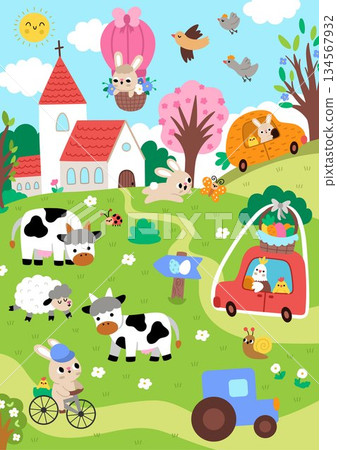 Vector Easter village landscape. Rural nature detailed scene with church, bunny driving carrot shaped car, cows, egg hunt sign, hen, chick, blooming tree. Cute spring holiday background for kids 134567932