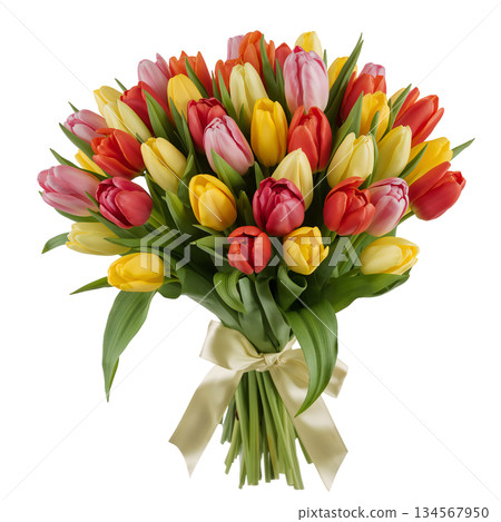 Colorful Tulip Bouquet Arranged With Bright Flowers and Green Leaves for a Cheerful Decoration Colorful Tulip Bouquet Arranged With Bright Flowers and Green Leaves for a Cheerful Decoration 134567950