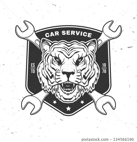 Auto service logo, emblems, badges and icons. Vector. For expert service car repair center, restoration and car club with tiger and vehicle gear silhouette 134568190