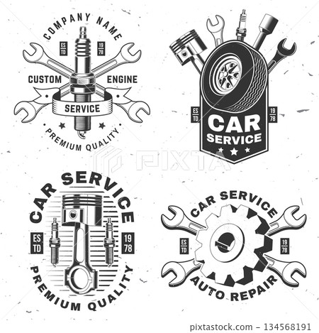 Auto service logo, emblems, badges and icons. Vector. For expert service car repair center, restoration and car club with wrench, gears, spark plug, skull, automobile tools pistons silhouette Auto service logo, emblems, badges and icons. Vector. For expert service car repair center, restoration and car club with wrench, gears, spark plug, skull, automobile tools pistons silhouette 134568191