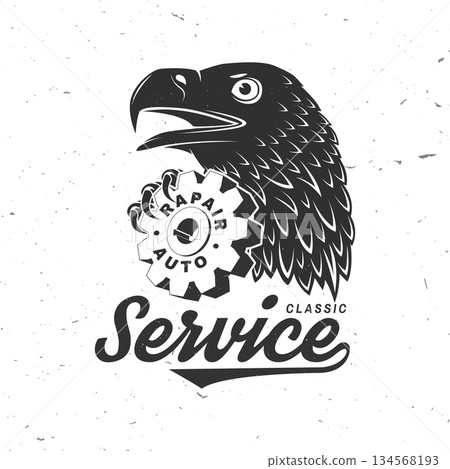 Auto service logo, emblems, badges and icons. Vector. For expert service car repair center, restoration and car club with eagle and vehicle gear silhouette Auto service logo, emblems, badges and icons. Vector. For expert service car repair center, restoration and car club with eagle and vehicle gear silhouette 134568193