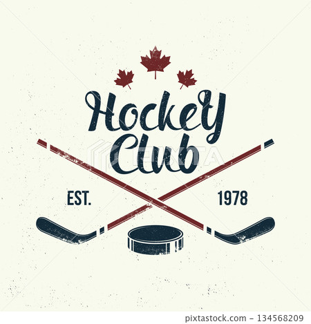 Ice Hockey club logo, badge design. Concept for shirt or logo, print, stamp or tee. Winter sport. Vintage typography design with sticker, puck silhouette. Vector. Ice Hockey club logo, badge design. Concept for shirt or logo, print, stamp or tee. Winter sport. Vintage typography design with sticker, puck silhouette. Vector. 134568209
