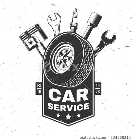 Auto service logo, emblems, badges and icons. Vector. For expert service car repair center, restoration and car club with automobile tools piston, wrench, truck tire and spark plug silhouette 134568213