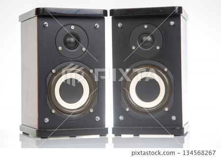 two stereo audio speakers on a white background. sound and media 134568267