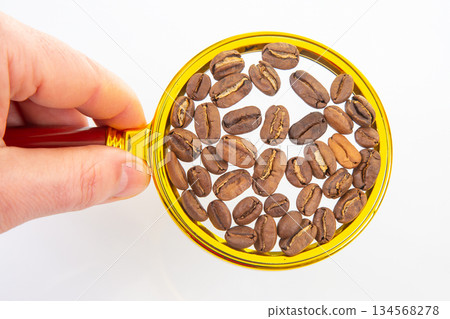 roasted coffee beans on a magnifying glass on a white background roasted coffee beans on a magnifying glass on a white background 134568278