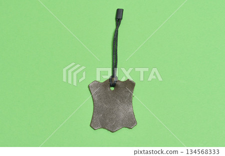 Blank green leather tag with fringe and black cord on a light green background Blank green leather tag with fringe and black cord on a light green background 134568333
