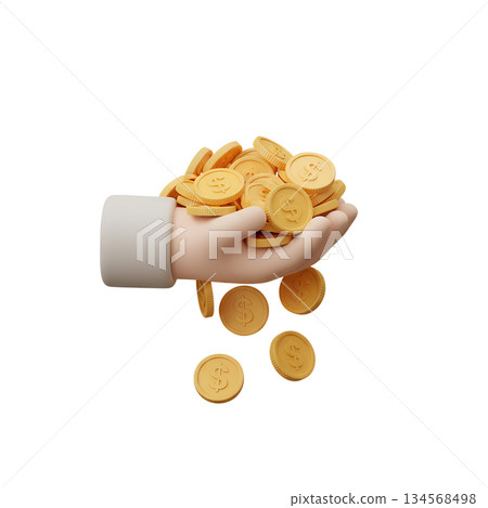 3d cartoon hand holding and dropping cascade of shiny gold coins, representing wealth, profit, financial success, and money-making concepts 3d cartoon hand holding and dropping cascade of shiny gold coins, representing wealth, profit, financial success, and money-making concepts 134568498
