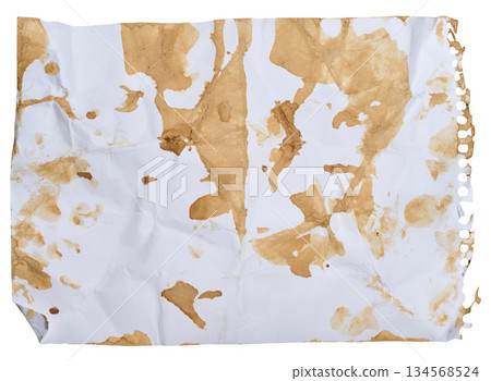White crumpled sheet of notebook paper, torn edge with spring holes, numerous brown coffee stains and streaks White crumpled sheet of notebook paper, torn edge with spring holes, numerous brown coffee stains and streaks 134568524