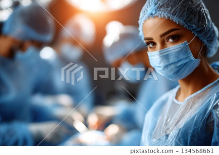 Surgeon focusing on a critical procedure in a modern operating room during a surgical operation 134568661