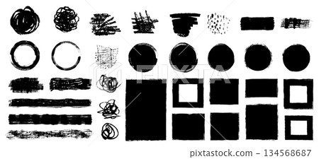Hand drawn vector set with black grunge pencil scribbles, round and rectangular frames and borders, labels and notes with rough jagged edges 134568687