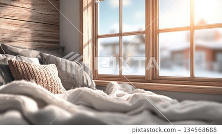 Cozy winter bedroom scene with sunlight streaming through the window 134568688