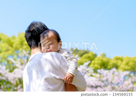櫻花盛開，一家人其樂融融：寶寶在父親懷里安睡 134569155