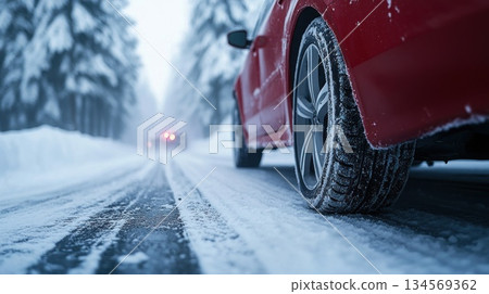 A red car navigates a snowy road while another vehicle is visible further away in winter weather 134569362