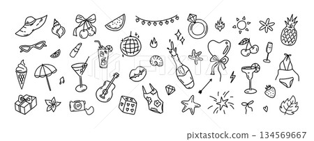 Bachelorette party set. Tropical drink, bikini for beach celebration, bridal vacation and summer nightlife, festival. Hand drawn diamond ring and disco ball, cowgirl and lucky cherry, dice vector set 134569667