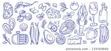 Mediterranean diet seafood. Shrimp, salmon and olive oil for healthy cooking, Italian menu and restaurant branding or packaging. Hand drawn vector set of shellfish and herbs for cafe culinary label Mediterranean diet seafood. Shrimp, salmon and olive oil for healthy cooking, Italian menu and restaurant branding or packaging. Hand drawn vector set of shellfish and herbs for cafe culinary label 134569669