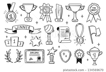 Winner award doodle. Trophy cup and medal for champion victory, sport competition and success achievement or honor certificate. Hand drawn wreath and podium for sports banner, social media and poster Winner award doodle. Trophy cup and medal for champion victory, sport competition and success achievement or honor certificate. Hand drawn wreath and podium for sports banner, social media and poster 134569670
