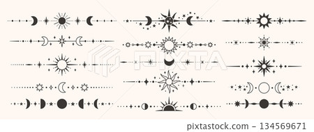 Celestial dividers with moon phases and sun for mystical banner, wedding invitation or bohemian tattoo. Cosmic ornaments and borders for astrology, occult packaging and vintage headers. Vector set Celestial dividers with moon phases and sun for mystical banner, wedding invitation or bohemian tattoo. Cosmic ornaments and borders for astrology, occult packaging and vintage headers. Vector set 134569671