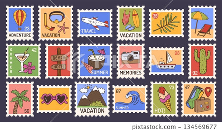 Summer travel stamps. Beach, palm and airplane for vacation postcards, adventure memories and tourism poster. Hand drawn vector set of marine and island icons for vintage postage fun sticker Summer travel stamps. Beach, palm and airplane for vacation postcards, adventure memories and tourism poster. Hand drawn vector set of marine and island icons for vintage postage fun sticker 134569677