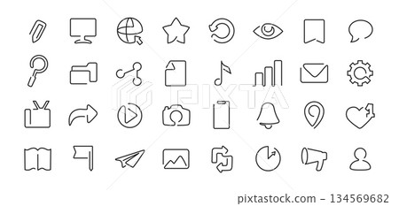 Media interface one line icons. Navigation, toolbar and settings, email and camera, heart and location, music continuous line symbols for web app and mobile UI or UX editable vector isolated set 134569682
