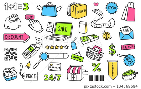 Shopping doodle icons. Ecommerce, online retail symbols. Bag, barcode and payment terminal for marketing and sale. Vector set for website banner, social media, discount tag, delivery and 24h service Shopping doodle icons. Ecommerce, online retail symbols. Bag, barcode and payment terminal for marketing and sale. Vector set for website banner, social media, discount tag, delivery and 24h service 134569684