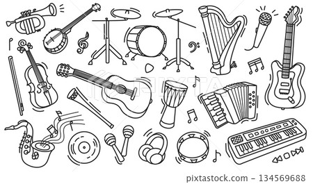 Musical instrument sketch set. Doodle saxophone, guitar and piano for jazz band or orchestra background. Hand drawn drum, violin and trumpet for sound, melody and retro party vector design Musical instrument sketch set. Doodle saxophone, guitar and piano for jazz band or orchestra background. Hand drawn drum, violin and trumpet for sound, melody and retro party vector design 134569688
