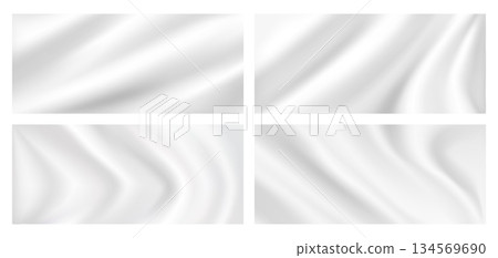 White silk fabric texture set with flowing waves and soft ripples for luxury background, curtain or fashion design. Vector illustration of delicate satin and linen with shiny drapery for decoration White silk fabric texture set with flowing waves and soft ripples for luxury background, curtain or fashion design. Vector illustration of delicate satin and linen with shiny drapery for decoration 134569690