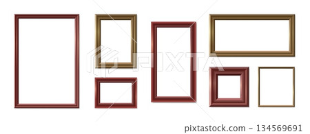 Wooden picture frame realistic mockup for photo, art or certificate, gallery backdrop. 3D vector frames for home interior, business presentation or advertising banner with border and layout Wooden picture frame realistic mockup for photo, art or certificate, gallery backdrop. 3D vector frames for home interior, business presentation or advertising banner with border and layout 134569691