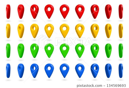3D map pin. Location marker for travel and GPS navigation. Colorful business, web and app global search and communication symbol. Vector isolated set 3D map pin. Location marker for travel and GPS navigation. Colorful business, web and app global search and communication symbol. Vector isolated set 134569693