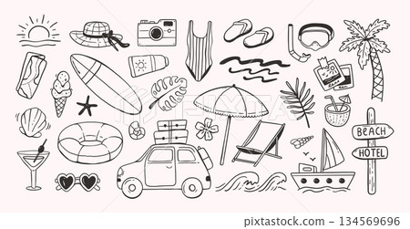 Summer vacation doodle icon. Beach and sea travel with adventure and holiday vector set. Hand drawn sun and palm tree, swimsuit and flip-flops, suitcase and cocktail. Tropical cute trip concept 134569696