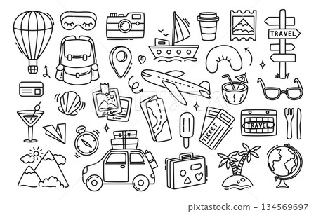 Travel hand drawn doodle icons. Summer vacation hot air balloon and camera, sailboat and map. Suitcase and backpack, compass and ticket for holiday tourism. Passport, tropical drink vector set 134569697