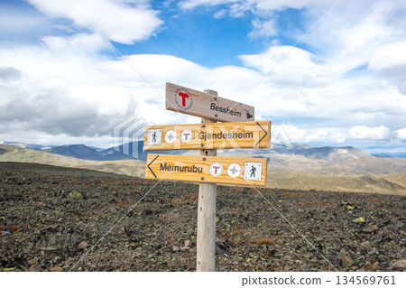 Hiking trail signs in Norway offering directions to Gjendesheim and Memurubu Hiking trail signs in Norway offering directions to Gjendesheim and Memurubu 134569761