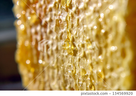 Golden honeycomb drizzles with sweet honey in a close-up view showcasing natural texture Golden honeycomb drizzles with sweet honey in a close-up view showcasing natural texture 134569920