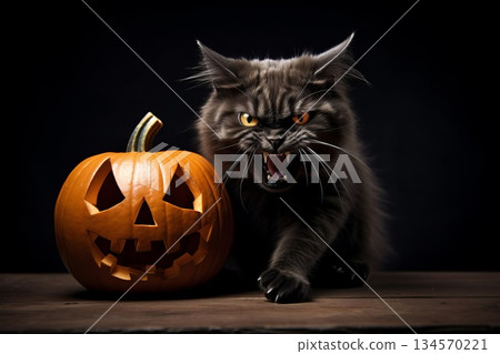 Black kitten hissing next to halloween pumpkin Black kitten hissing next to halloween pumpkin 134570221
