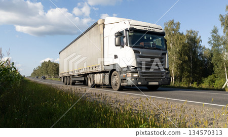 White semi-truck with a cargo trailer moves along an asphalt road through a forest. The truck drives along an empty highway. White semi-truck with a cargo trailer moves along an asphalt road through a forest. The truck drives along an empty highway. 134570313