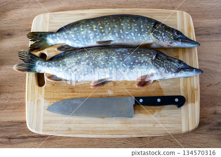 Two raw pikes on a cutting board with a knife. Fresh fish for cutting and cooking. 134570316