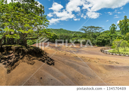 Chamarel Black River Mauritius multicolor clay dunes and green jungle scenery from viewpoint for ecotourism concept Chamarel Black River Mauritius multicolor clay dunes and green jungle scenery from viewpoint for ecotourism concept 134570489
