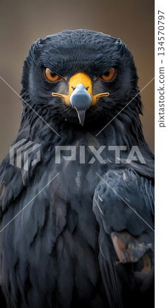 Intense black eagle portrait showing fierce orange eyes and sharp curved beak 134570797
