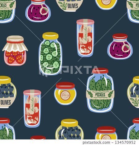 Cute food jar seamless vector pattern with pickles olives honey jam preserves Cute food jar seamless vector pattern with pickles olives honey jam preserves 134570952