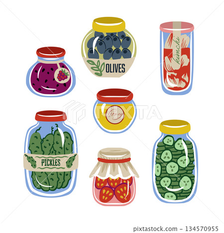Cute food jar isolated vector pattern with pickles olives honey jam preserves Cute food jar isolated vector pattern with pickles olives honey jam preserves 134570955