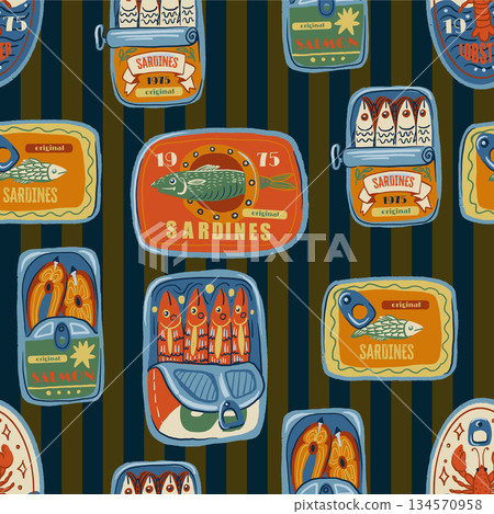 Sardina seamless vector pattern with vintage seafood cans fish oil lemons retro illustration 134570958