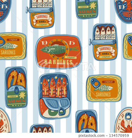 Sardina seamless vector pattern with vintage seafood cans fish oil lemons retro illustration 134570959