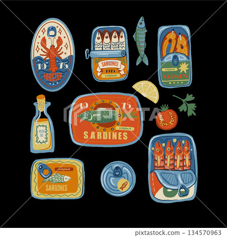 Sardina isolated vector pattern with vintage seafood cans fish oil lemons retro illustration Sardina isolated vector pattern with vintage seafood cans fish oil lemons retro illustration 134570963