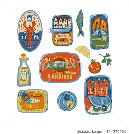 Sardina isolated vector pattern with vintage seafood cans fish oil lemons retro illustration 134570964