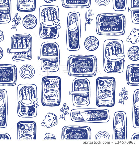 Sardina seamless vector pattern with vintage sardine cans hand drawn nautical illustration 134570965