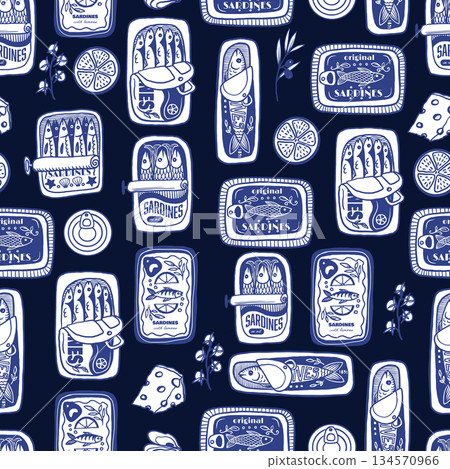Sardina seamless vector pattern with vintage sardine cans hand drawn nautical illustration Sardina seamless vector pattern with vintage sardine cans hand drawn nautical illustration 134570966