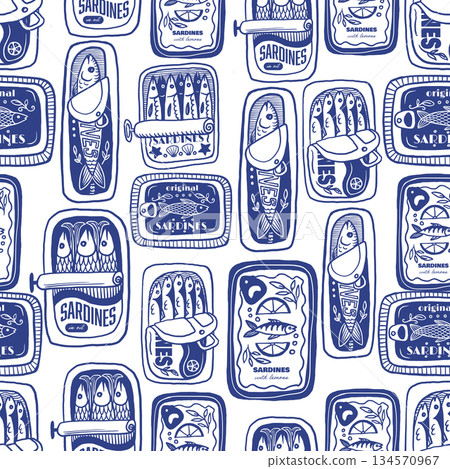 Sardina seamless vector pattern with vintage sardine cans hand drawn nautical illustration Sardina seamless vector pattern with vintage sardine cans hand drawn nautical illustration 134570967