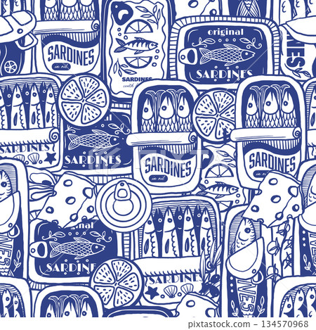Sardina seamless vector pattern with vintage sardine cans hand drawn nautical illustration 134570968