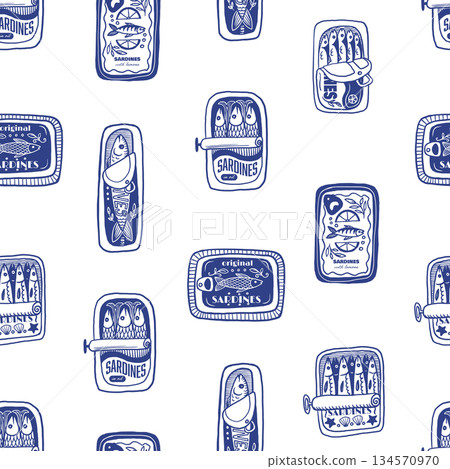 Sardina seamless vector pattern with vintage sardine cans hand drawn nautical illustration 134570970